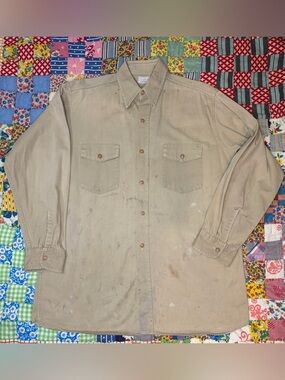 VTG 40/50s Trout Man Sanforized Distressed Khaki Cotton Button Down Work Shirt L